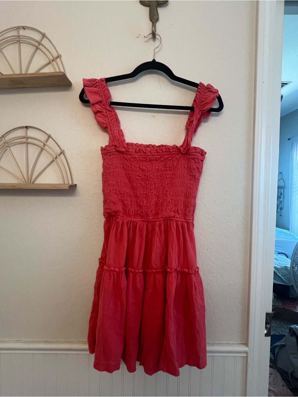 Aerie Red Coral Smocked Tiered Mini Dress Ruffle Straps XL